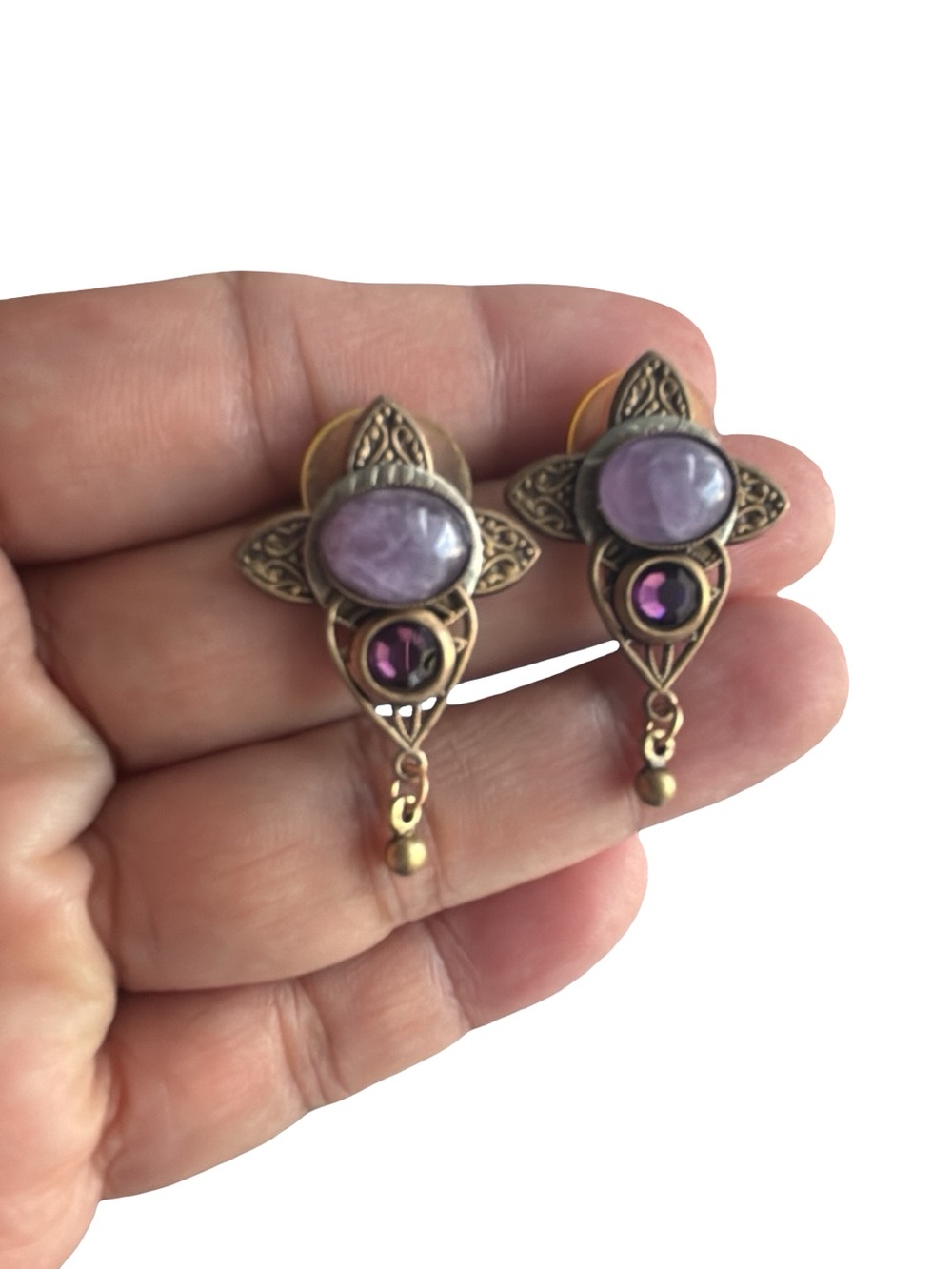 Handcrafted with Amethyst and Crystal Drop Earrings - Vintage Style Mix Metal